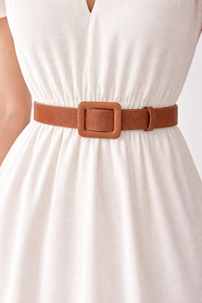 kemer krallığı Women's Tan Square Buckle Waist Belt