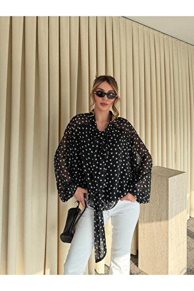 Laluvia Black Tie-Dye Polka Dot Chiffon Blouse - 71772