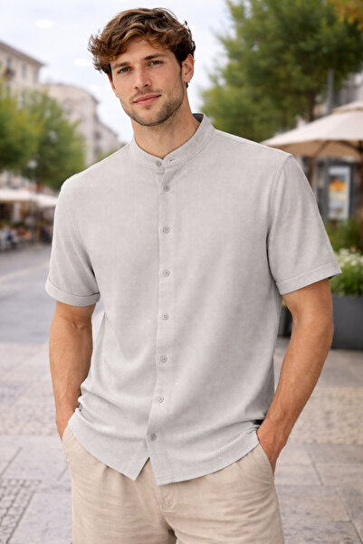ince moda giyim Premium Keten Dokulu Hakim Yaka Erkek Gömlek – Slim Fit, Kısa...
