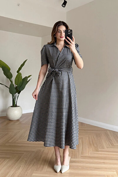 MOZENA Double-Breasted Shirt Collar Plaid Patterned Belted Midi Dress