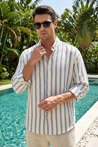 MADZEYMODA Saks Striped Ecru Long Sleeve Linen Shirt Ls-19844