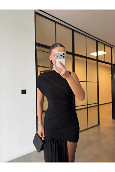 ALVOR TEK KOL DRAPELİ KUŞAKLI ABİYE ELBİSE