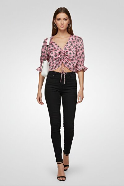 Maje Women V-Neck Short Sleeve Allover Print Crop Top, Multicolor