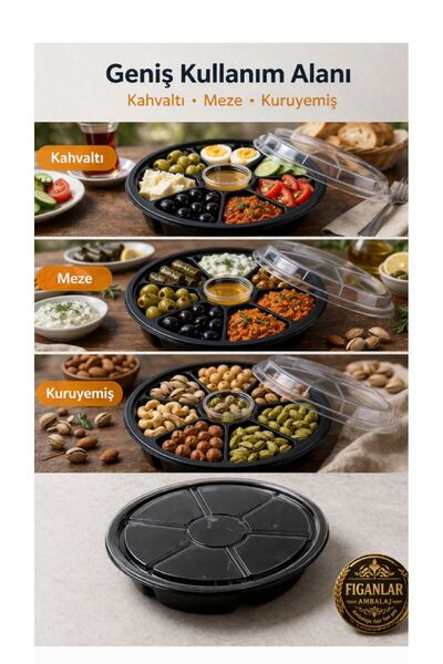 figanlar ambalaj 7 Bölmeli Kapaklı Siyah Kahvaltı ve Meze Kabı PP Plastik Sun...