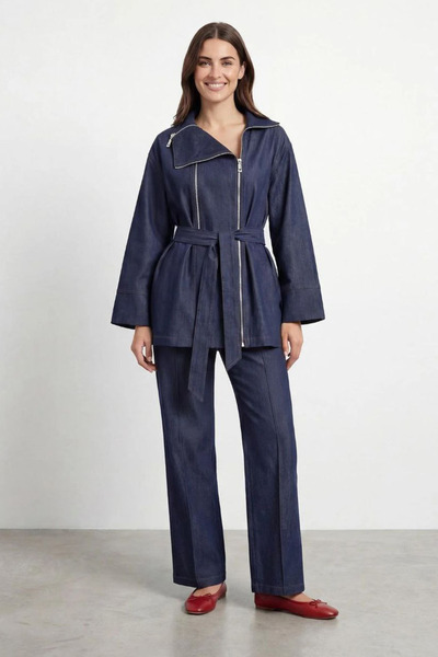 Loreen Kemerli Fermuarlı Kot Takım-Mavi MAVİ