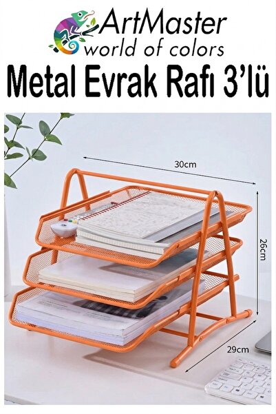 Artmaster Turuncu Metal Evrak Rafı 3 lü 1 Paket Masaüstü A4 Dosya 3 Katlı Düz...