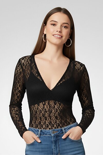 Maje Women Lace Detail Long Sleeve Bodysuit, Black