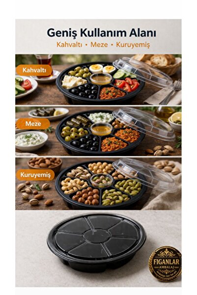 figanlar ambalaj 7 Bölmeli Kapaklı Siyah Kahvaltı ve Meze Kabı PP Plastik Sun...
