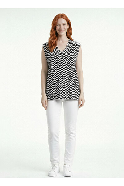 Neden Tekstil Γυναικείο αμάνικο μπλουζάκι με σχέδιο ζιγκ-ζαγκ και λαιμόκοψη V