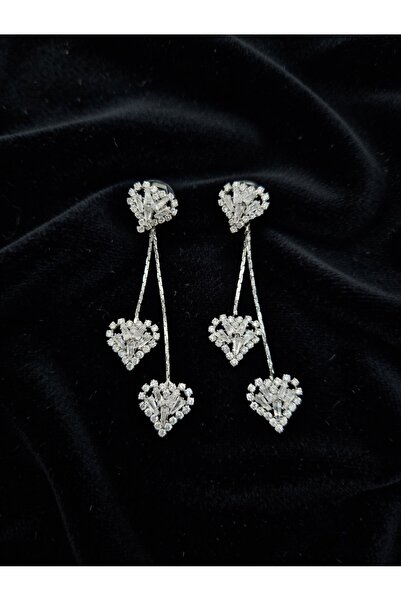 ahsenaksesuar2025 Zircon Stone Long Dangle 3-Piece Heart Model Silver Color S...