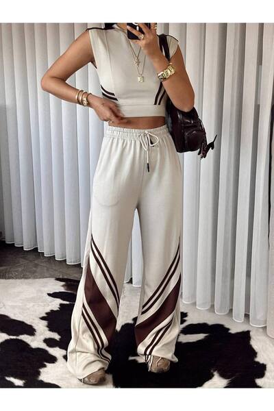 LOKADI Women's Modal Fabric Stripe Detailed Crop Top and Wide Leg Pants Botto...