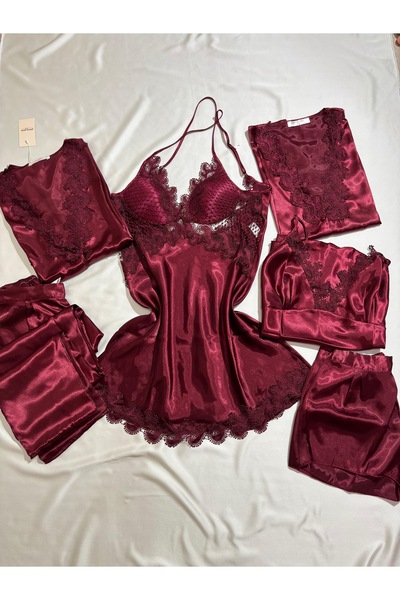 LUNA CH Premium Bordo Saten Dantelli Gecelik Seti 6 Parça Şortlu Sabahlıklı
