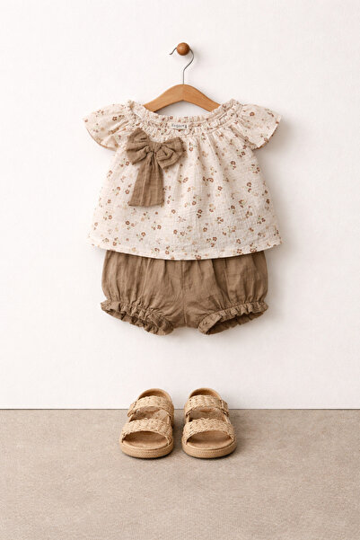 Tifina Kids Baby Girl 2-Piece Set Ribbon Detailed Strap Blouse Textured Musli...