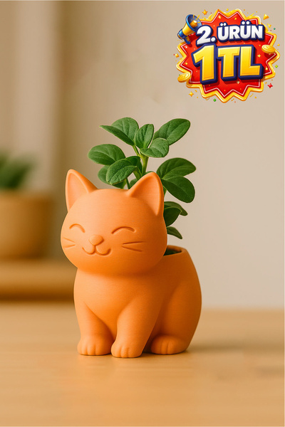 GiginGo Kedi Figürlü Dekoratif Saksı Kalemlik ve Masa Üstü Süs 10 cm