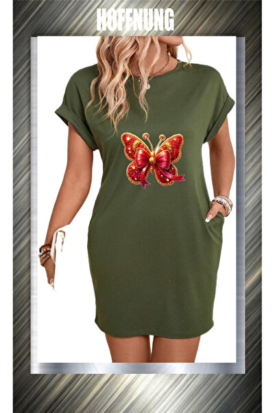 HOFFNUNG Unisex Short Sleeve Round Neck Red Butterfly Printed Solid Color Lon...