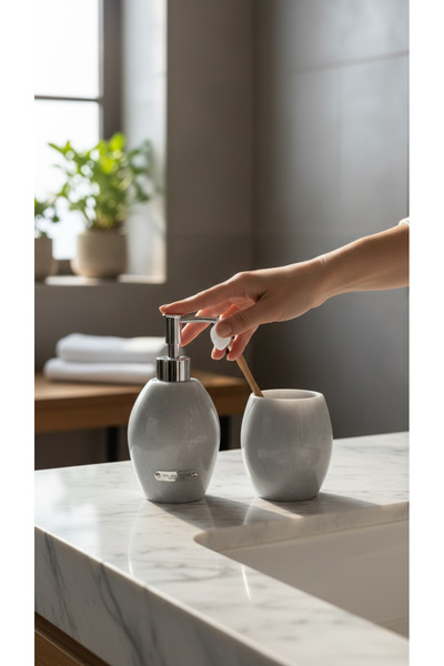 Polen Stone طقم حمام من الرخام الرمادي موديل بيضاوي الشكل مكون من قطعتين