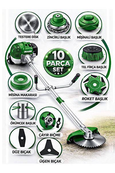 Dragro German DRG-10 + Yan Tipi Benzinli Ot Çalı Çim Biçme Tırpanı + Full Set...