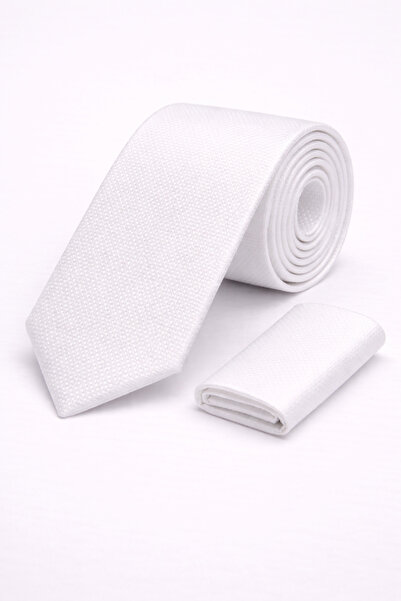 beyoğlu style Beyaz Kuşgözü Desenli Kravat & Mendil Seti