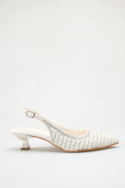 bashrol Women's Pointed Toe Pearl Detailed Elegant Champagne Heel Open Back B...