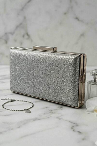 LAREON Γυναικεία τσάντα βραδινού φορέματος σε ασημί και ανθρακί χρώμα με λάμψ...