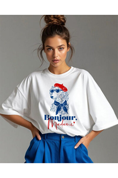 barsdepo  "Bonjour, Madam " Τυπωμένο μπλουζάκι, Υπερμεγέθες Unisex Λευκό Μπλο...