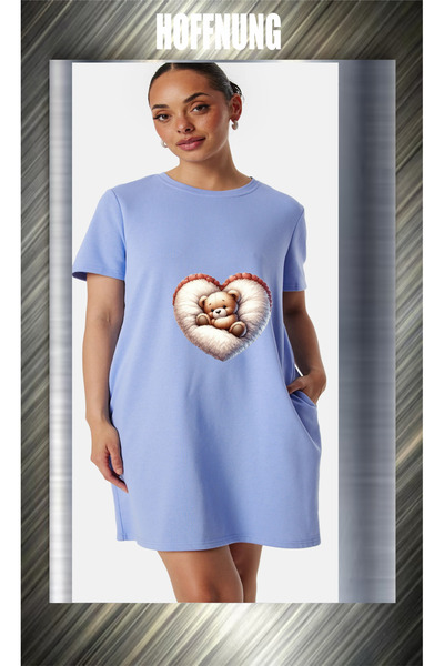 HOFFNUNG Unisex Short Sleeve Round Neck Sleeping Heart Bear Printed Solid Col...