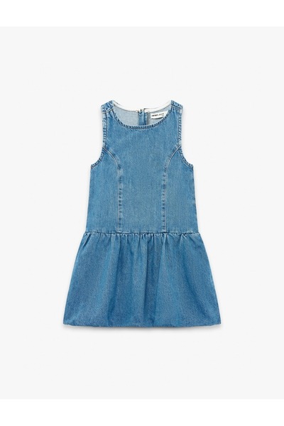 Koton Girl's Cotton Loose Fit Sleeveless Crew Neck Balloon Denim Dress