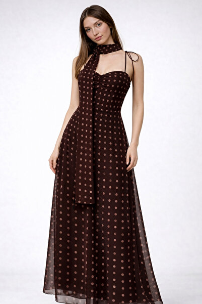 TOFAN TRİKO Dress with Polka Dot Scarf Detail