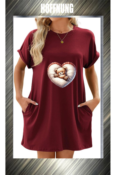 HOFFNUNG Unisex Short Sleeve Round Neck Sleeping Heart Bear Printed Solid Col...