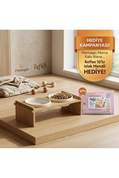 Pet Magic Reflex Islak Mendil Hediyeli Ahşap Kedi Köpek Mama Kabı Standı – Se...