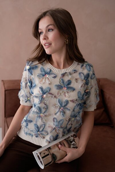 Arbucky Women's Crew Neck Tulle Floral Short Sleeve Knitwear Sweater