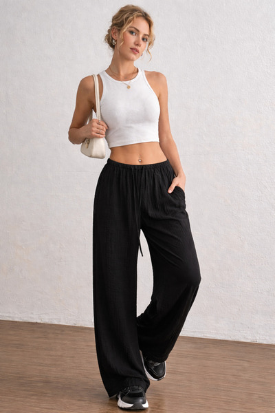 Boi Women's Black Gofre Breathable Fabric Summer Loose Spanish Flare High Wai...