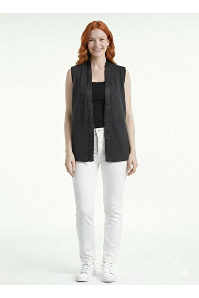 Neden Tekstil كارديجان نسائي أسود بدون أكمام بياقة شال