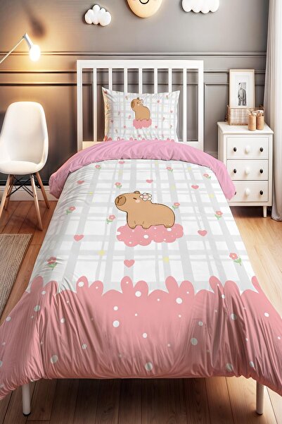 EVPANYA Pink Dreams Capybara Patterned Single Baby Kids Duvet Cover Set