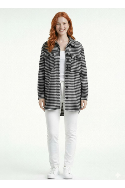 Neden Tekstil سترة نسائية منقوشة بنقشة مخالب الغراب باللونين الأسود والأبيض ب...