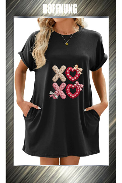 HOFFNUNG Unisex Short Sleeve Xo Xo Neck Xo Xo Printed Solid Color Long Tshirt
