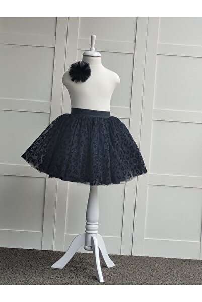 Handmade Siyah Parıltılı Leopar Desenli Kabarık Tütü Etek