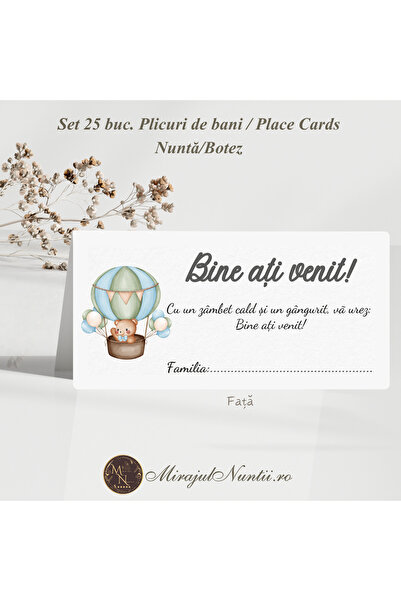 Set 25 buc. Plicuri Bani Botez Ursuleț și Balon Carton Premium Pastel Botez B...