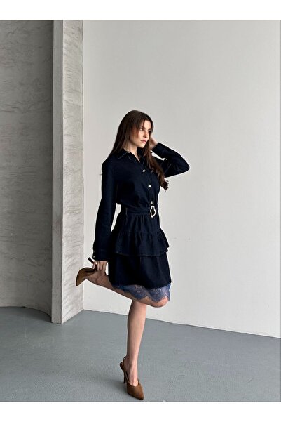 moda çağdaş Elegant Lace Detailed Denim Dress - Casual & Formal