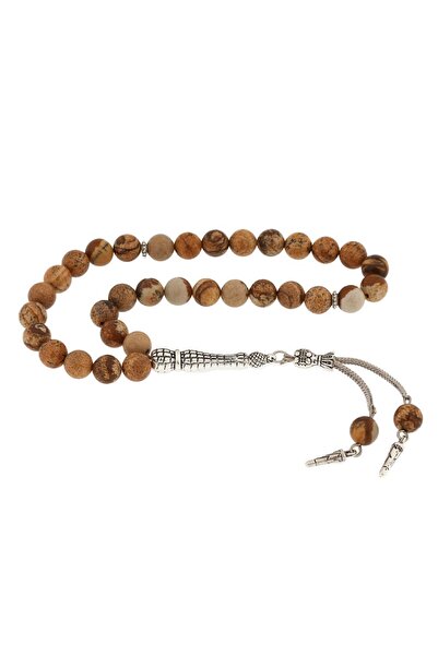 Inure Jewelry ​ سبحة حجر الجاسبر مع شرابة معدنية من الحجر الطبيعي