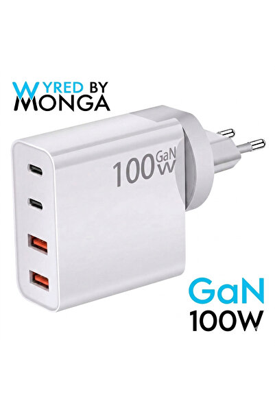 Wyred by Monga Power 100CA1 - GaN 100W Fast Charger, 4 Ports (2x USB-C PD + 2...