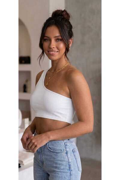 ZUM One-Shoulder White Crop Bustier Ribbed Camisole Women's Gathering Lycra D...