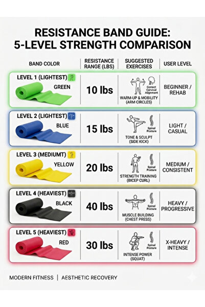 OEM SEVONA Flexora Bands, Set de 5 benzi de rezistență, din latex, pentru fitness, pentru întregul corp, 5 nivele