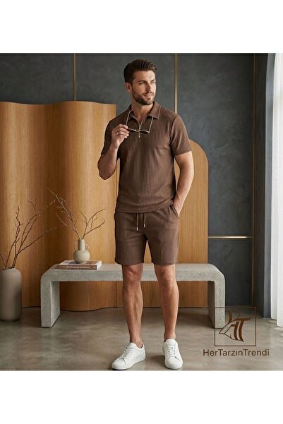 HerTarzınTrendi Set de pantaloni scurți otomani și tricou polo cu fermoar, cu...