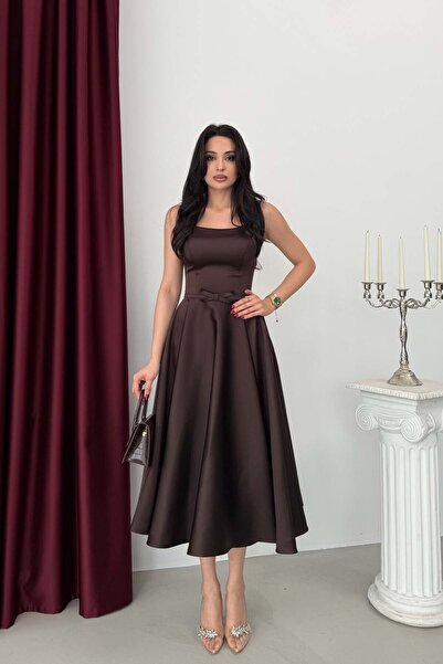 Serica Moda Brown Square Neck Strap Belted Satin Midi Evening Dress