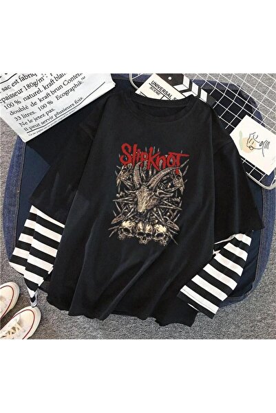dompulerimoda Slipknot Goat & Skulls Baskılı Fake Sleeves Unisex Oversize Siy...