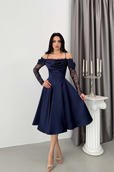 Serica Moda Navy Blue Off-Shoulder Lace Detailed Midi Evening Dress