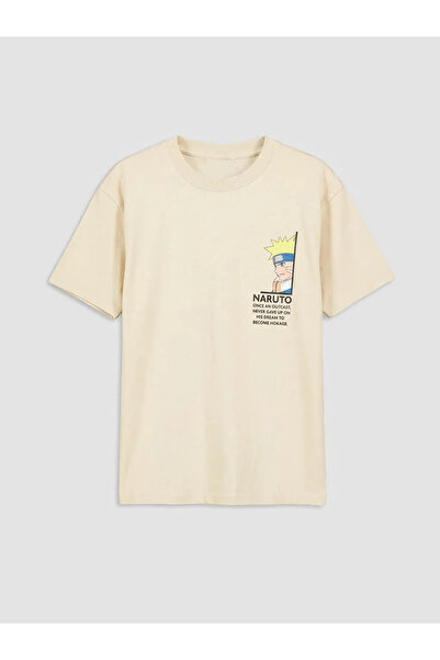 LC Waikiki Tricou pentru băieți cu imprimeu Naruto, bej, cu gâtul turn, LCW Kids