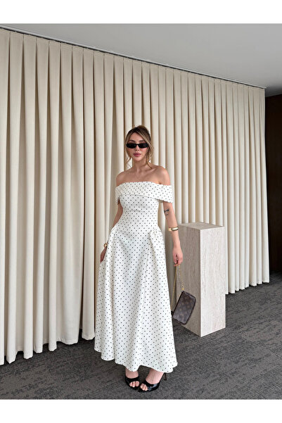 Laluvia Rochie midi Ecru cu guler Madonna și imprimeu cu buline - 00888