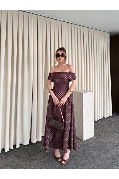 Laluvia Rochie midi maro cu guler Madonna și imprimeu cu buline - 00888